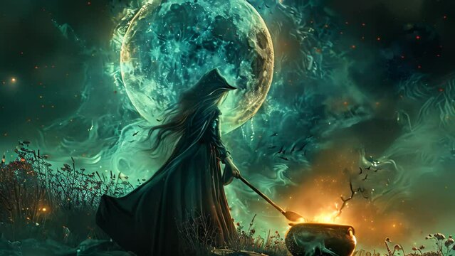 A woman with a broom standing in front of a full moon, A witch stirring a bubbling cauldron of potion under a full moon