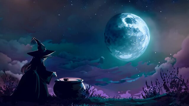 A wizard is seated on a hill, gazing at the moon above, A witch stirring a bubbling cauldron of potion under a full moon