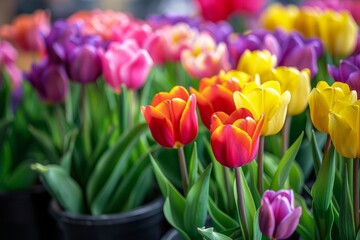Naklejka premium Close-up image of colorful tulips in pots, arranged for sale at a spring flower market. The vibrant colors of the tulips stand out against the softly blurred background