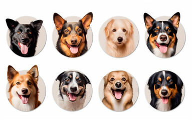 Fototapeta premium A set of stickers with images of different dog breeds in a round format on a white background.