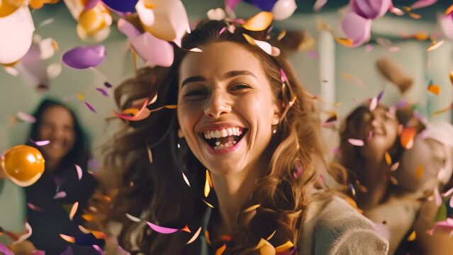 A woman joyfully smiling as colorful confetti falls around her in celebration of a successful milestone, A woman celebrating a successful business milestone with her colleagues
