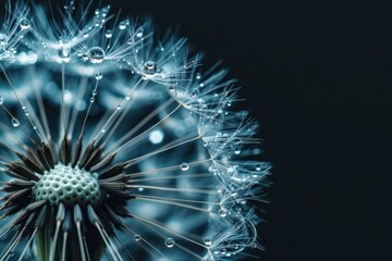 Close-up of a dandelion with water droplets, dark background