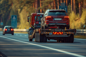tow truck is transporting a broken car on highway