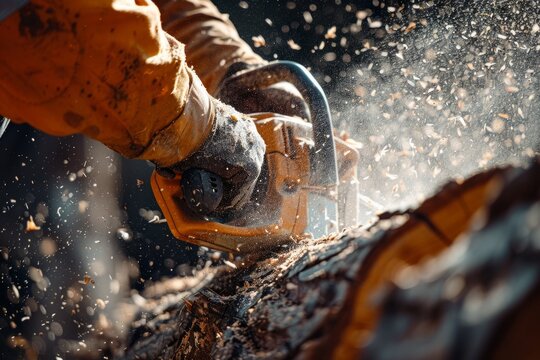 A close-up shot of a construction workers hands firmly gripping a gasoline chainsaw as it cuts through a log. Sawdust sprays out in a cloud, showcasing the power and precision of the tool
