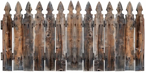 A weathered wooden picket fence with pointed tops, displaying natural aging and character, perfect for rustic outdoor scenes or backgrounds, white background