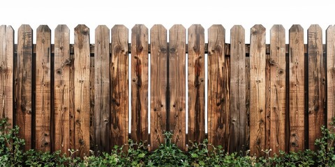Fototapeta premium A wooden fence with vertical planks and green foliage growing at the bottom, set against a white background.