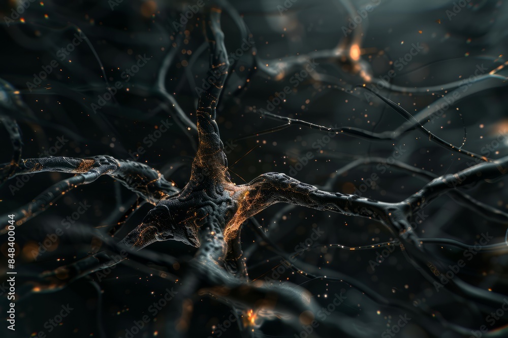 Poster a high angle view of a neuron network on a black background. the image highlights the interconnected