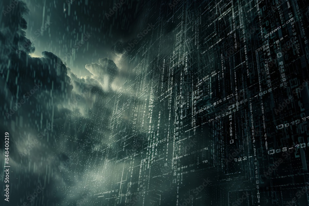 Poster a stylized image of cloud data streams being encrypted, with dramatic lighting and contrasting shado