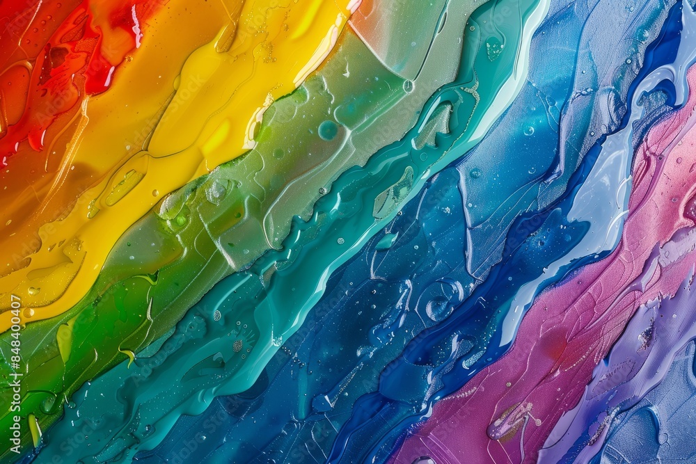 Poster a dynamic overhead photograph showcasing a vibrant abstract background with a rainbow wave pattern