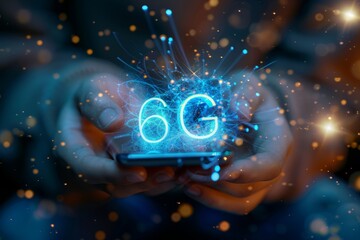 Close-up of a person holding a smartphone with a futuristic holographic 6G display. The image highlights the potential of the future of mobile technology