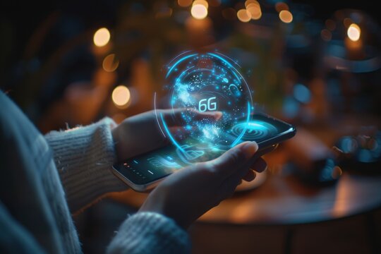A close-up image of a persons hands holding a smartphone with a futuristic holographic globe displaying 6G above it