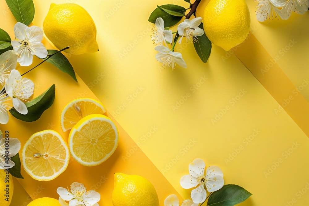 Poster a high-angle photo showcasing a bright lemon yellow geometric pattern abstract background with hints