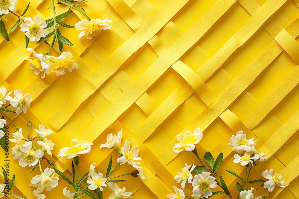 Poster a high-angle commercial photograph featuring a lemon yellow geometric pattern creating an abstract b