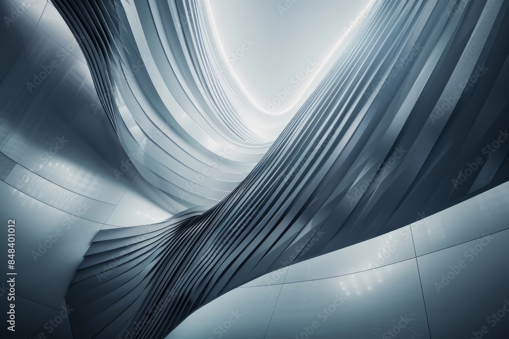 Poster a high-angle view of a futuristic building interior, featuring abstract lines and shapes in a modern