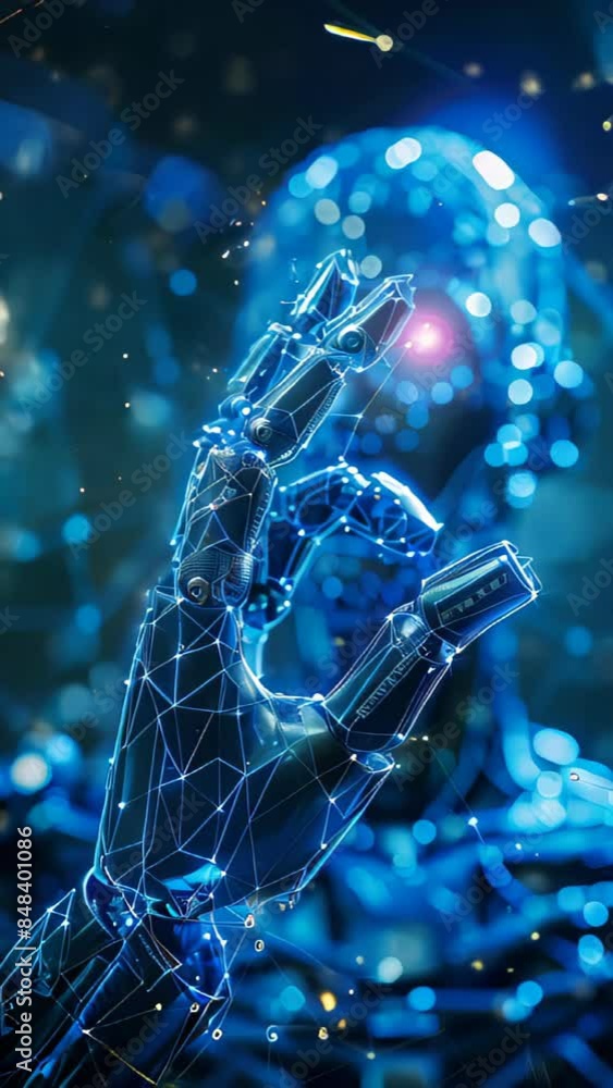 Poster a robot with a glowing red eye is holding up its middle finger. the robot is surrounded by a blue ba