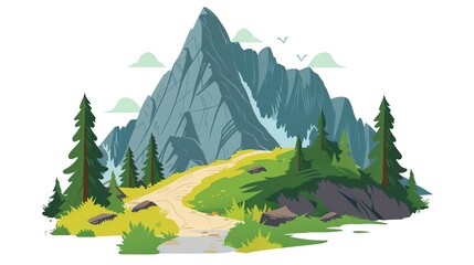 Flat design mountain with a hiking trail, isolated on white background, adventurous and inviting, highquality graphics, copy space
