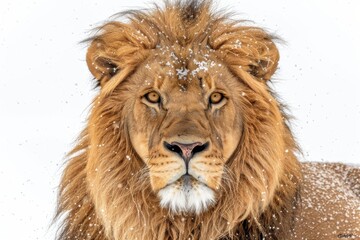 Fototapeta premium Close up portrait of a lion with a snowy mane, highlighting the majestic and powerful features of this magnificent animal