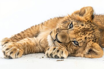 Playful lion cub lying on the ground, showcasing its innocence and curiosity in a heartwarming wildlife scene