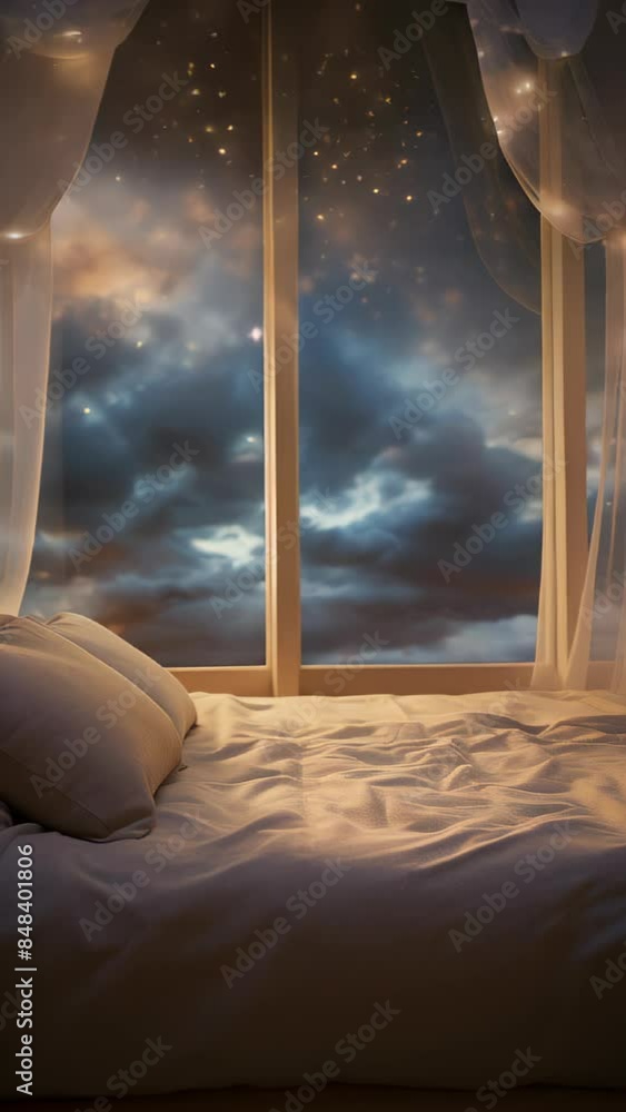 Poster a bed with two pillows and a blanket, with a window that has a view of the sky. the sky is cloudy an