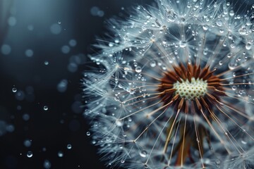Fototapeta premium Close-up of a dandelion with water droplets, dark background