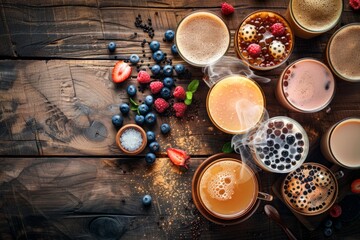 Bubble tea drinks with tapioca pearls in various flavors are displayed top-down on a rustic wooden table, steaming and surrounded by fresh berries and a bowl of salt