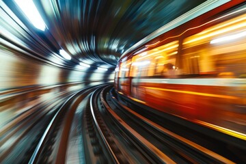 An abstract image of a subway train rushing through a tunnel at high speed, captured with a side angle shot, emphasizing the trains dynamic movement