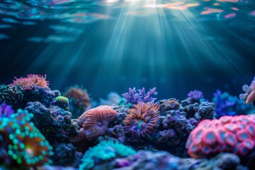 Fototapeta premium Underwater view with corals and marine organisms, light rays shining through the water