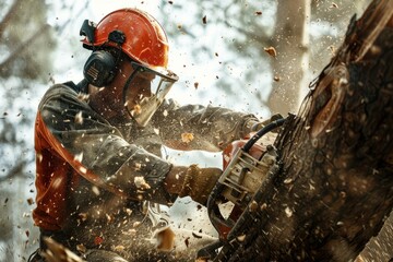 A construction worker wearing safety gear operates a gasoline chainsaw while cutting down a tree in a forest setting