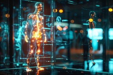 Fototapeta premium A close-up photo of a glowing holographic human body icon, displayed in an interactive format, with a modern city backdrop