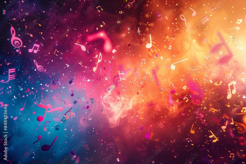 Poster a colorful abstract background with an explosion of vibrant music notes and signs