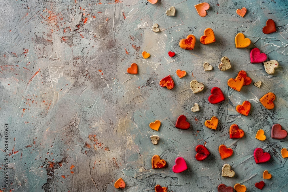 Poster an overhead photo of colorful heart shapes scattered across a textured surface, creating a visually 