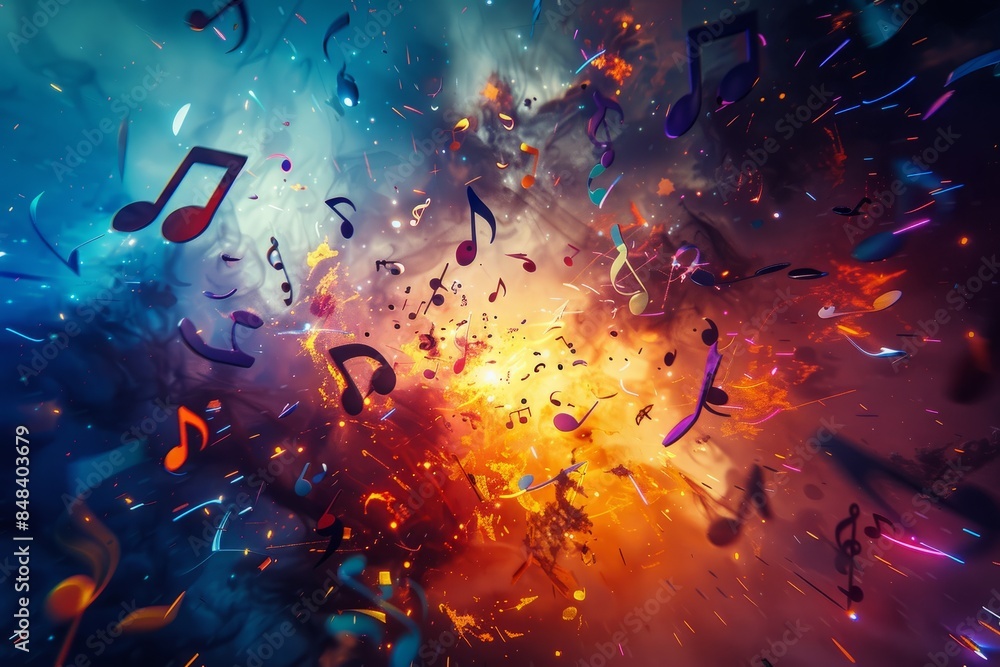 Wall mural A colorful and abstract photo capturing a vibrant explosion of music notes, signs, and light on a bright background - Wall murals