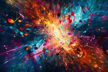 An overhead photo showcasing a vibrant explosion of musical notes and symbols on a bright, abstract background