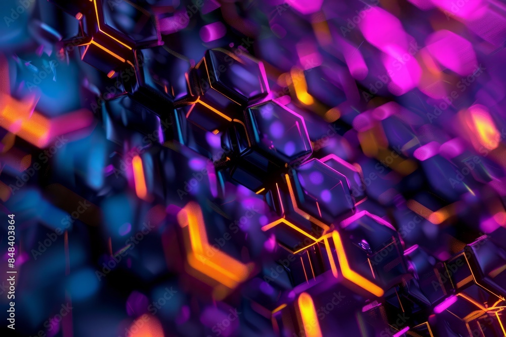 Poster A close-up overhead view of a mesmerizing pattern of glowing neon hexagons against a dark backdrop