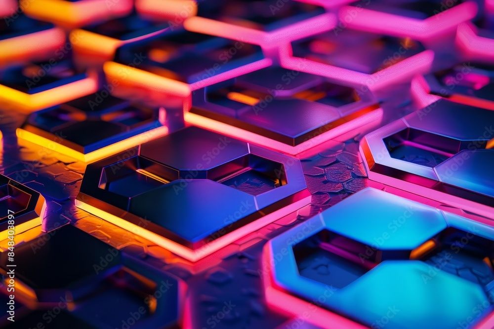 Poster an overhead shot capturing a mesmerizing pattern of neon-lit hexagons against a dark backdrop