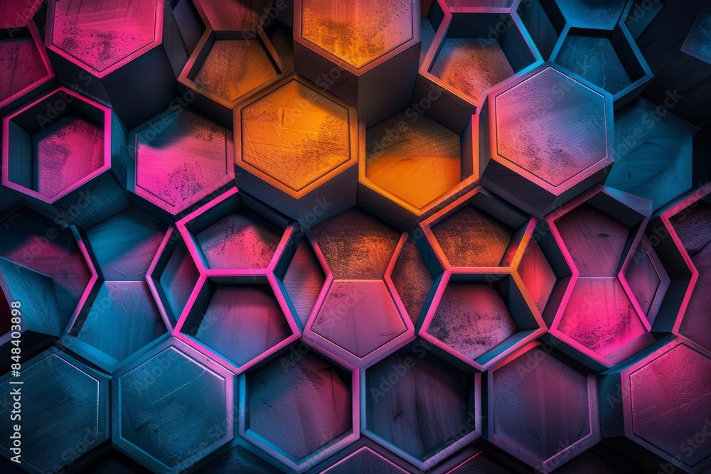 Poster an overhead view of a mesmerizing neon hexagon pattern against a dark backdrop