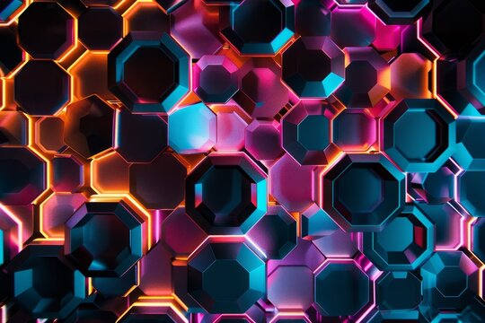 A vibrant, overhead photo capturing a mesmerizing pattern of octagons with neon glow against a dark background