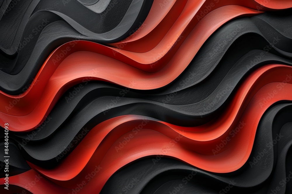 Poster an overhead view of a smooth d wavy pattern in dark matte black and red, creating an abstract illust