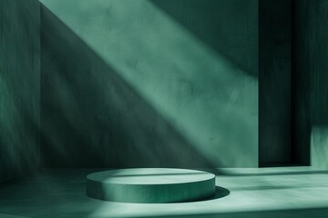 A dark green podium stage, bathed in spotlight, creates a dramatic ambiance for product display