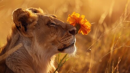 A close-up of a lion in a serene pose with a bright orange marigold flower in its mouth, set...