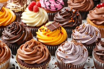 Assorted cupcakes with colorful frosting, close up shot, bright and vibrant colors, sweet and delicious, food photography, tempting and mouth watering treats, joyful and playful presentation
