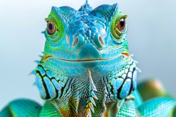 Fototapeta premium Colorful exotic chameleon, close up portrait, vibrant and detailed, natural beauty, outdoor setting, bright and dynamic colors, wildlife photography, captivating and engaging, unique and striking