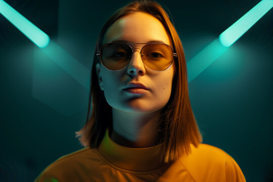 Young woman in glasses under teal and orange lighting. Generative AI image