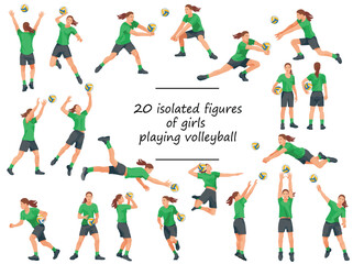 Vector isolated figures of girl's volleyball team in green sports uniform training, running, jumping, throwing, hitting the ball