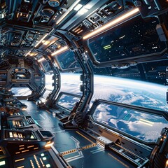 Futuristic space station interior with a clear view of the Earth and stars from a large window - 6
