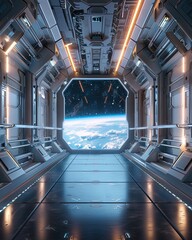 Futuristic space station interior with a clear view of the Earth and stars from a large window - 8