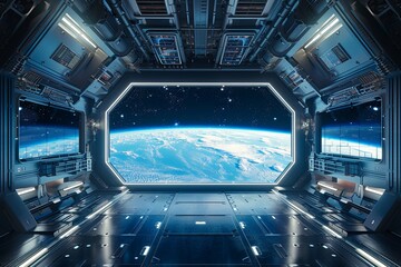 Futuristic space station interior with a clear view of the Earth and stars from a large window - 15