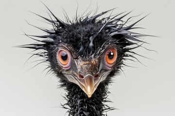 Expressive close up of a wet black bird with spiky feathers and large eyes, set against a plain background, highlighting the bird s unique and quirky appearance in sharp detail