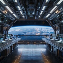 Futuristic space station interior with a clear view of the Earth and stars from a large window - 18