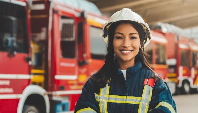 Portrait of a female firefighter, smiling young heroine in copy space of garage with fire trucks